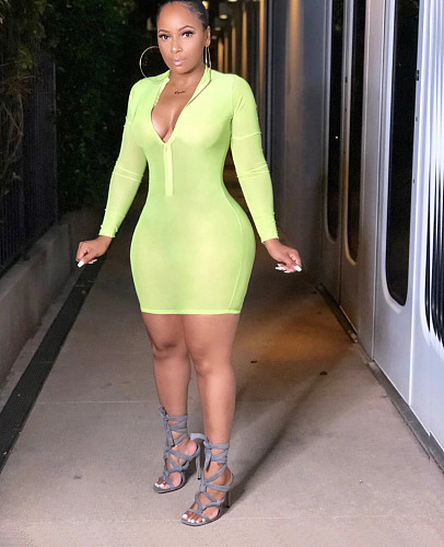 Women's Fluorescent Green Front Zippered Hip-hugging Dress BER-8014