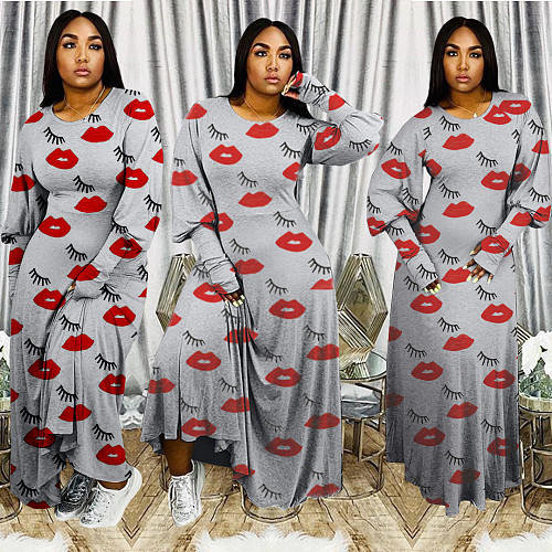 Sexy Red Lip Loose-fitting Long Sleeve Floor-length Dress BER-8019