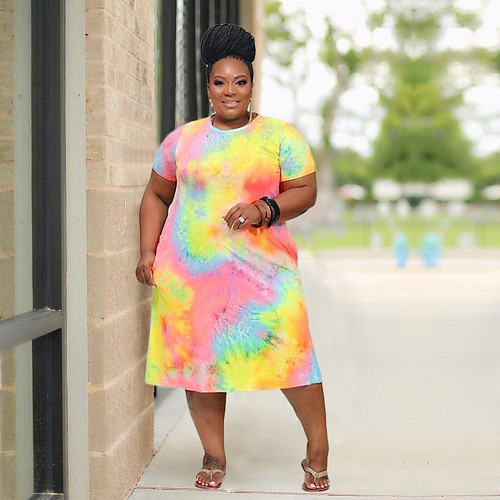 Tie-dyed Plus-size Short Sleeve Mid-length Dress BER-8015