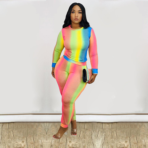 Fashion Rainbow Print Long Sleeve Pencil Pants Two-piece Set BER-8001