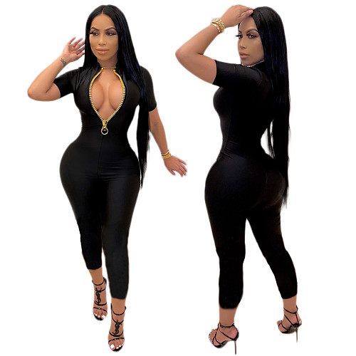 Women's Short-sleeved Zipper Half-neck Jumpsuit BLN-2129