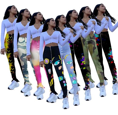 Fashion Positioning Print skinny Elastic High Waist Slit Pants MOF-5177