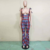 Urban Plaid Printed Shoulder Strap Flared Trousers BN-9198