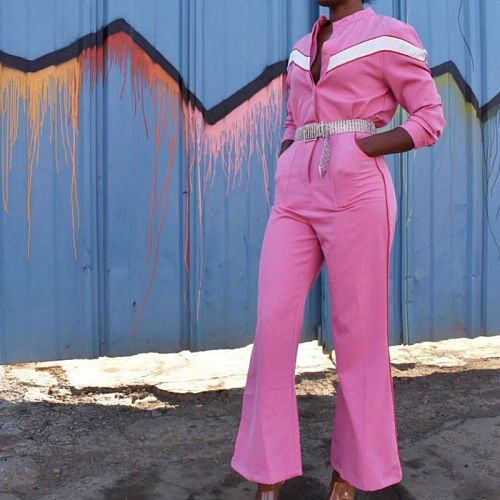 Slim High Waist Matching Color Flared Jumpsuit JLY-1834