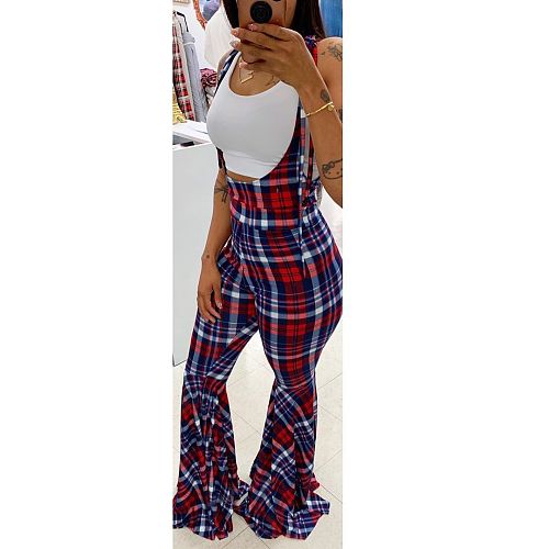 Urban Plaid Printed Shoulder Strap Flared Trousers BN-9198