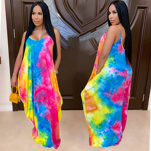 Fashion Tie-dye Print Floor-length Halter Dress GS-1861
