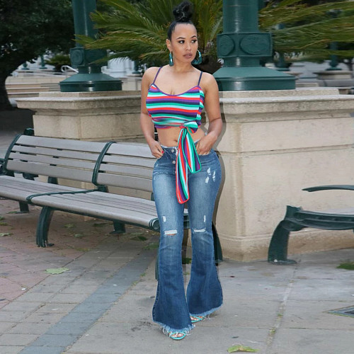 Versatile High Elastic Wash Worn Jeans Flared Trousers HSF-2101