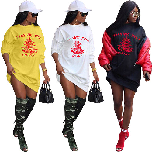 Yellow Crane Tower Printed Long Sleeve T-shirt Dress FNN-8524