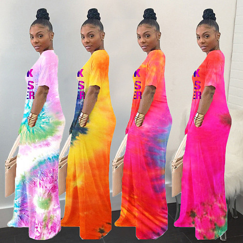 Color Tie-dye Gradual Change Letter Print Loose Dress WA-7024