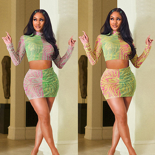 Printed Mosaic Color Long Sleeve Skirt Two-piece Set GLS-8003