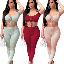 Women's Solid Color Hollowed-out Chest Skinny Pants 2 Piece Set GLS-8002
