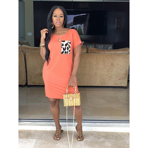 Women's Leopard-print Pocket Mosaic Short sleeve Dress WA-7005