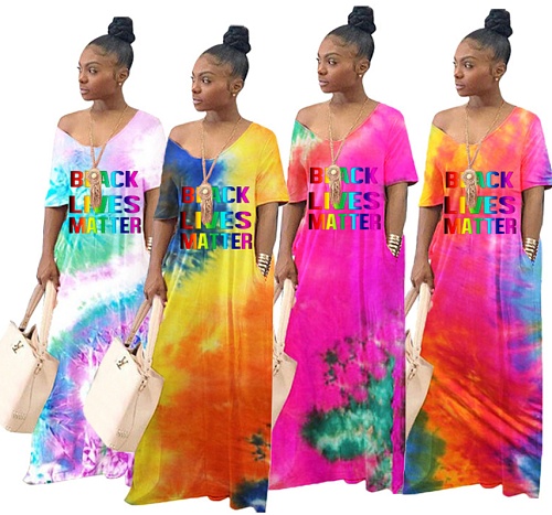 Color Tie-dye Gradual Change Letter Print Loose Dress WA-7024