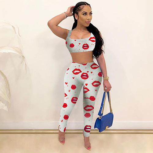 Sexy Lip Printed Tank Top Tight Pants 2 Piece Set GLS-8019