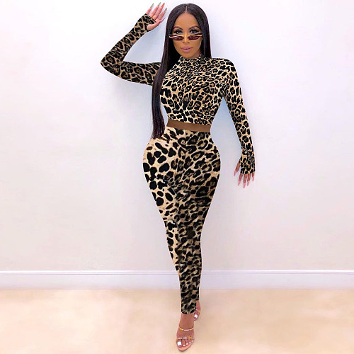 Sexy Leopard Print Long Sleeve T-shirt Slim Pants Set DM-8144