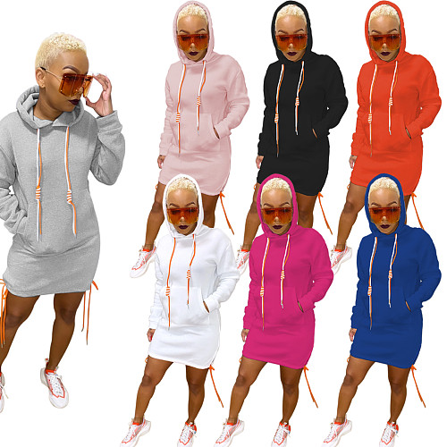 Leisure Round Collar Open Fork Tether Hoodie Dress WY-6677
