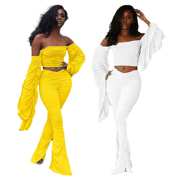 Autumn Solid Color Off-Shoulder Dew Navel Drape Two-piece Set SFY-163