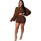 Loose Round Neck Knitted Sweater Shorts Two Pieces Set RS-67
