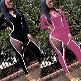 Casual Patchwork Mesh Tight Long Sleeve Jumpsuit OY-6212