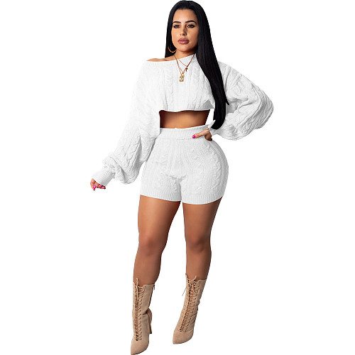 Loose Round Neck Knitted Sweater Shorts Two Pieces Set RS-67