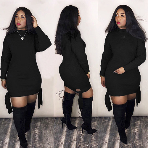 Cotton Black Side Band Round Neck Long Sleeves Dress LM-8183