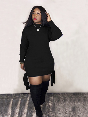 Cotton Black Side Band Round Neck Long Sleeves Dress LM-8183