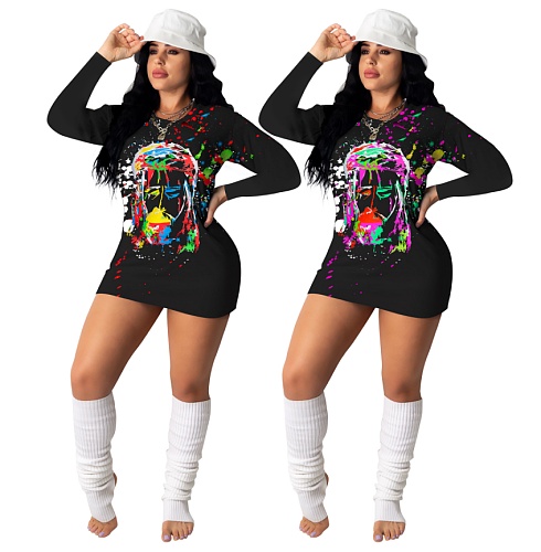 Women's Graffiti-illustrated Round Collar Long Sleeves Dress DD-8041