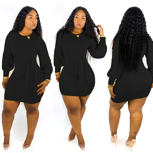 Stylish Solid-color Long Sleeve Waist Band Dress MDF-5164