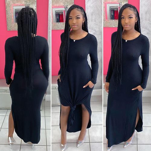Autumn Round Neck Long-sleeved Floor-length Slit Dress SFY-164