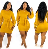 Stylish Solid-color Long Sleeve Waist Band Dress MDF-5164
