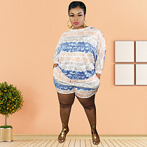Fashion Stripe Print Long Sleeve Back Hollow Blouse Shorts Suit OSS-20851