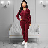 Velvet Hooded Zip-up Jacket Elastic Waist Two-piece Pants Set XMY-9204