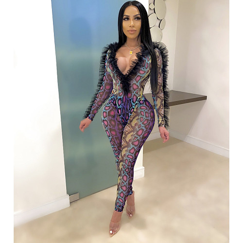 Sexy Deep V Mesh Snake Print Perspective Two-piece Set LM-8180