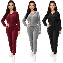 Velvet Hooded Zip-up Jacket Elastic Waist Two-piece Pants Set XMY-9204
