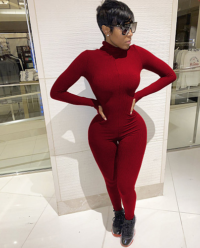 Solid-color Ribbed Long-sleeve letter Embroidered Jumpsuit TR-1067