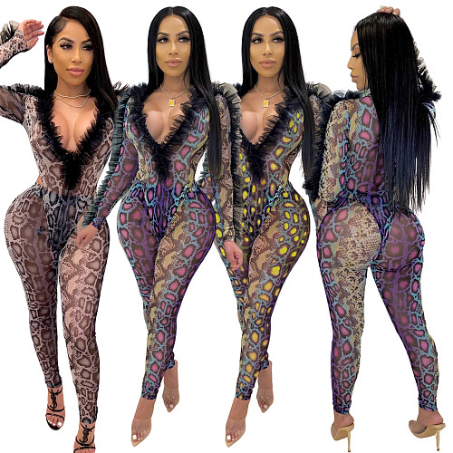 Sexy Deep V Mesh Snake Print Perspective Two-piece Set LM-8180