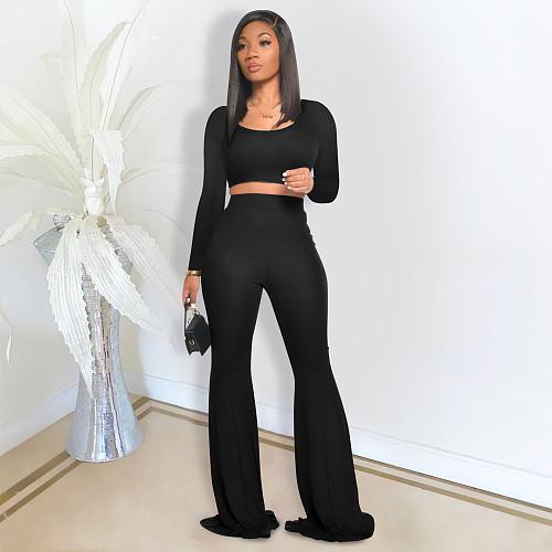 Pit Strip Solid-color Slim Flared Pants Sport Two-piece Set DD-8040