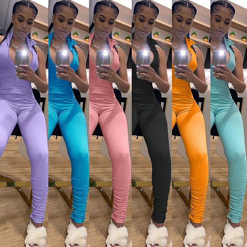 Sexy Solid Color Pit Strip Sleeveless Front Zipper Jumpsuit OSM-4212