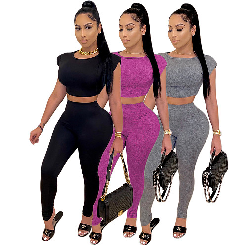 Women's Dew Waist Short Sleeved T-shirt Leggings Two-piece Set CN-0055