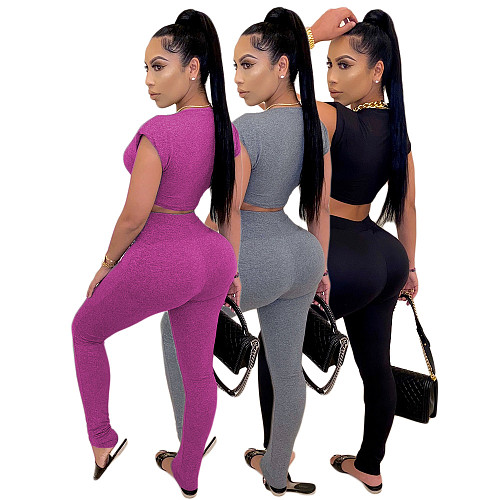 Women's Dew Waist Short Sleeved T-shirt Leggings Two-piece Set CN-0055