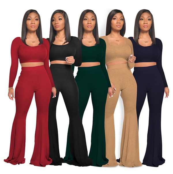 Pit Strip Solid-color Slim Flared Pants Sport Two-piece Set DD-8040