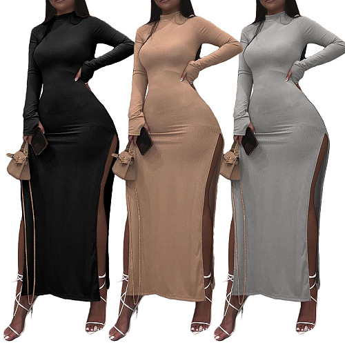 Autumn Solid Color Long Sleeves High Neck Slit Dress ASL-6296