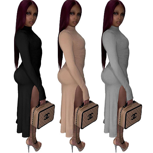 Autumn Solid Color Long Sleeves High Neck Slit Dress ASL-6296