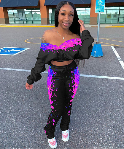 Fashion Spray Printed Bat-sleeve Blouse Pencil Pants Suit GS-1866