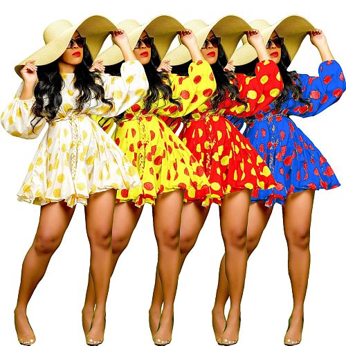 Autumn Lantern Sleeve High-waisted Floral Dress AIL-120