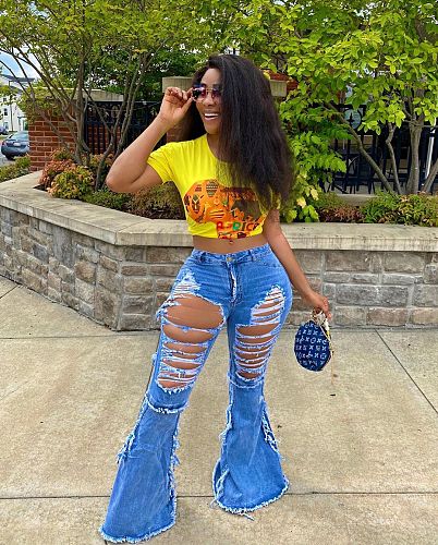 Autumn Hot Style Personality Ripped Denim Bell Bottoms LSL-6376