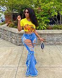 Autumn Hot Style Personality Ripped Denim Bell Bottoms LSL-6376