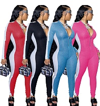 Autumn Mosaic Color Long Sleeve Front Zipper Jumpsuit WSM-5193