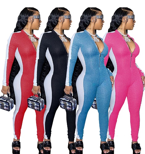 Autumn Mosaic Color Long Sleeve Front Zipper Jumpsuit WSM-5193