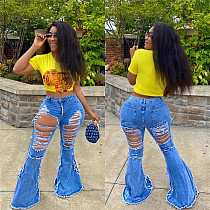 Autumn Hot Style Personality Ripped Denim Bell Bottoms LSL-6376